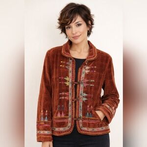 Chicos Boho Velour Jacket Brown Embroidered Size 2 LG Southwest Festival Indie